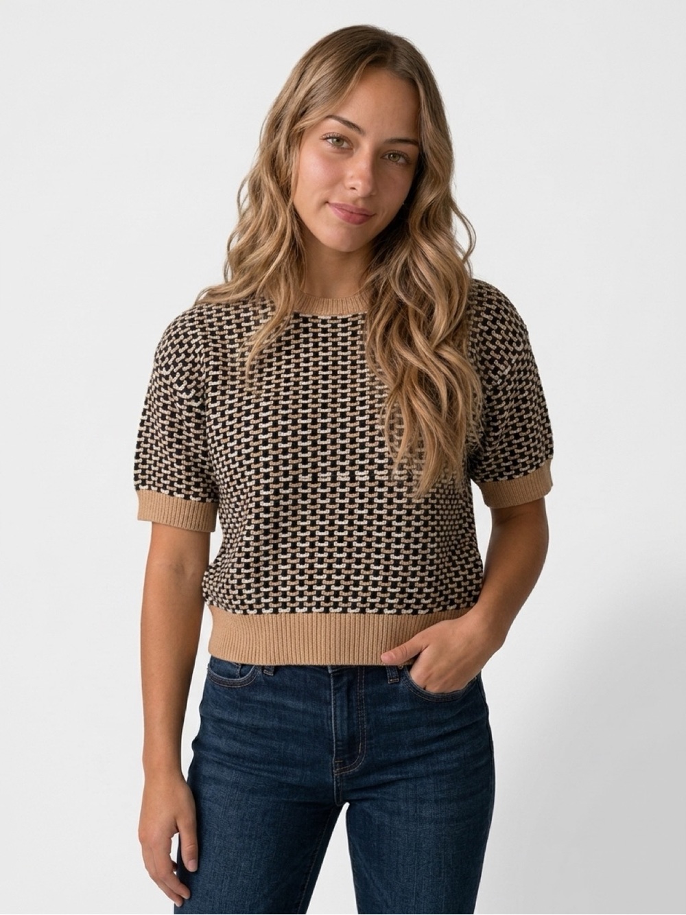 Ann Taylor Black and Camel Textured Short-Sleeve Crewneck Sweater
